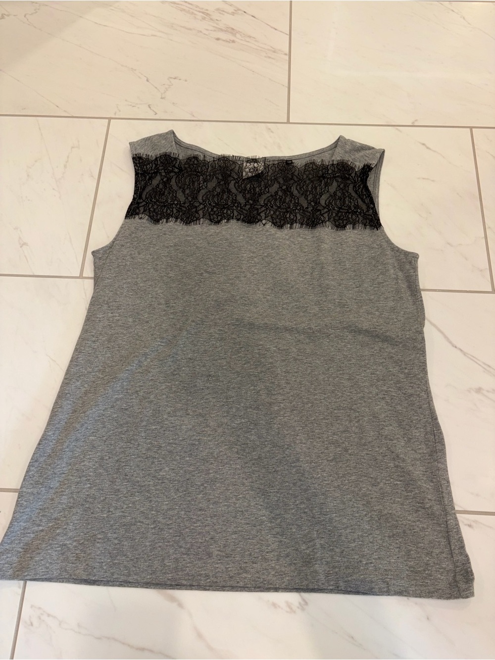 CAbi Grey Tank with Black Lace Yoke